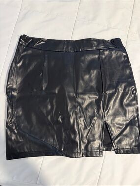Black Faux Leather Mini Skirt with Front Slit - Women